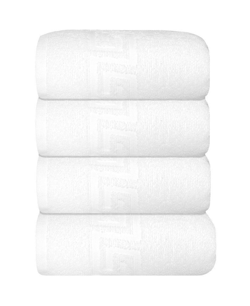 Set of Four White Greek Key Turkish Cotton 16" X 30" Hand Towels
