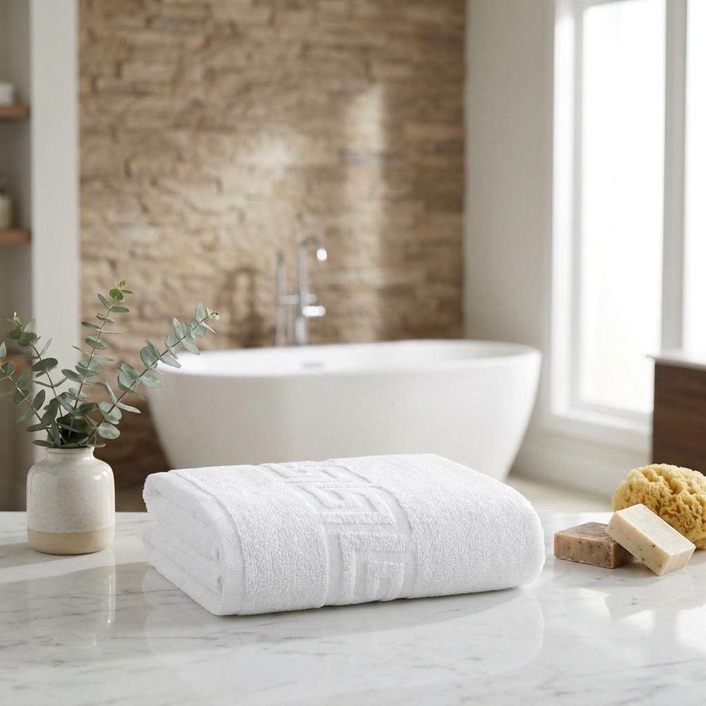 Set of Four White Greek Key Turkish Cotton 16" X 30" Hand Towels