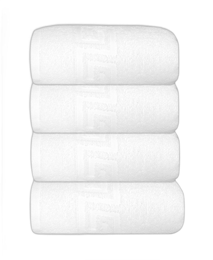 Set of Four White Greek Key Turkish Cotton 16" X 30" Hand Towels