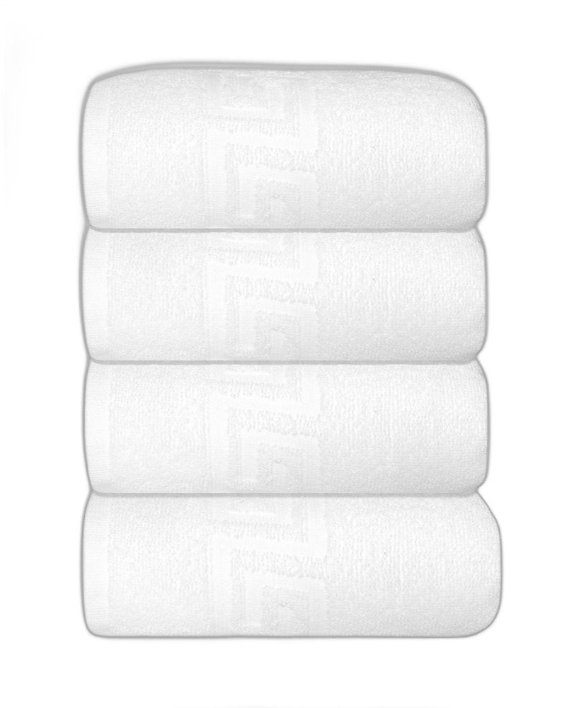 Set of Four White Greek Key Turkish Cotton 16" X 30" Hand Towels