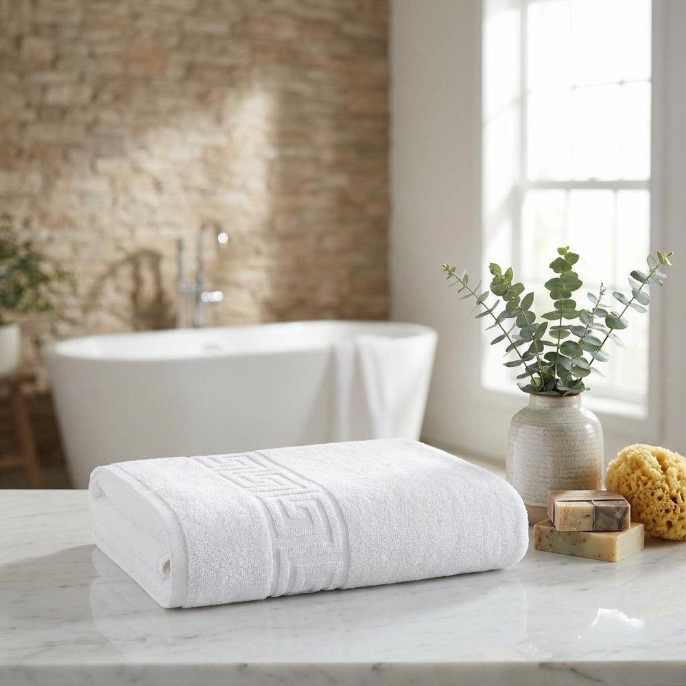 Set of Four White Greek Key Turkish Cotton 27" X 54" Bath Towels