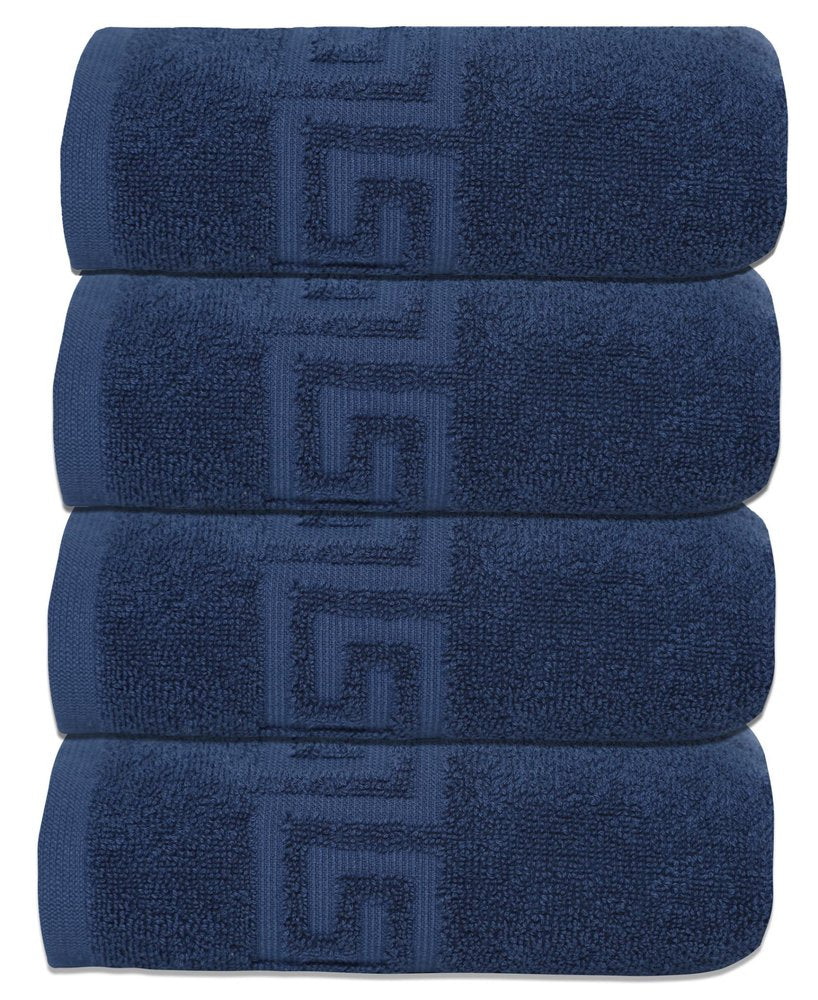 Set of Four White Greek Key Turkish Cotton 16" X 30" Hand Towels