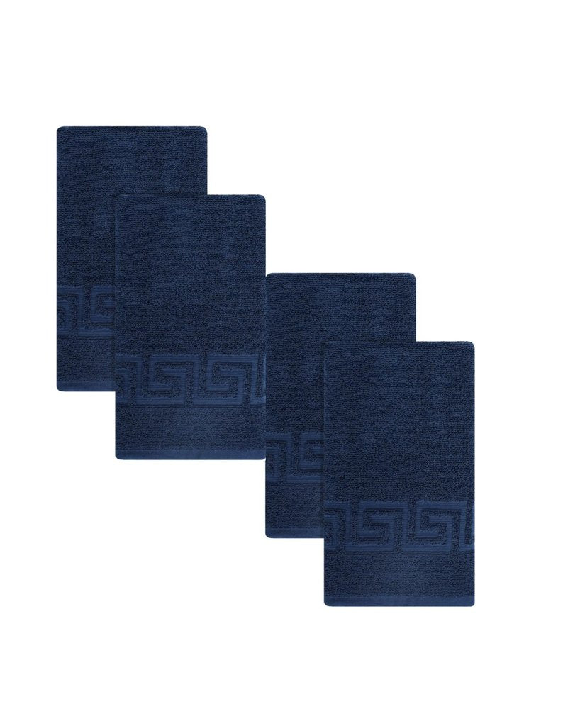 Set of Four White Greek Key Turkish Cotton 16" X 30" Hand Towels