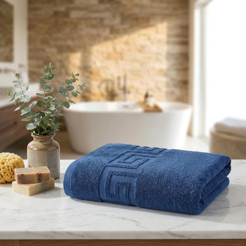 Set of Four White Greek Key Turkish Cotton 16" X 30" Hand Towels