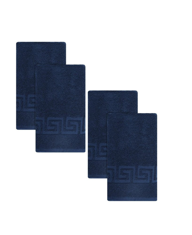 Set of Four White Greek Key Turkish Cotton 27" X 54" Bath Towels