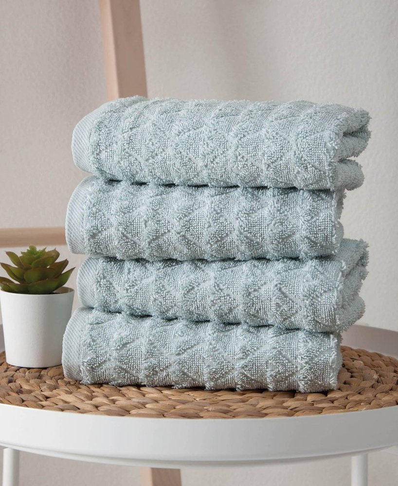 Set of Four Aqua Geometric Turkish Cotton 16" X 30" Hand Towels