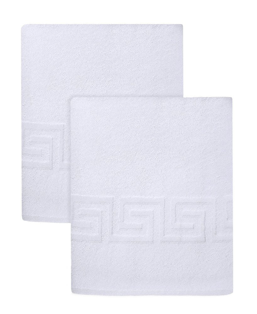 Set of Two White Greek Key Turkish Cotton 40" X 60" Bath Sheet