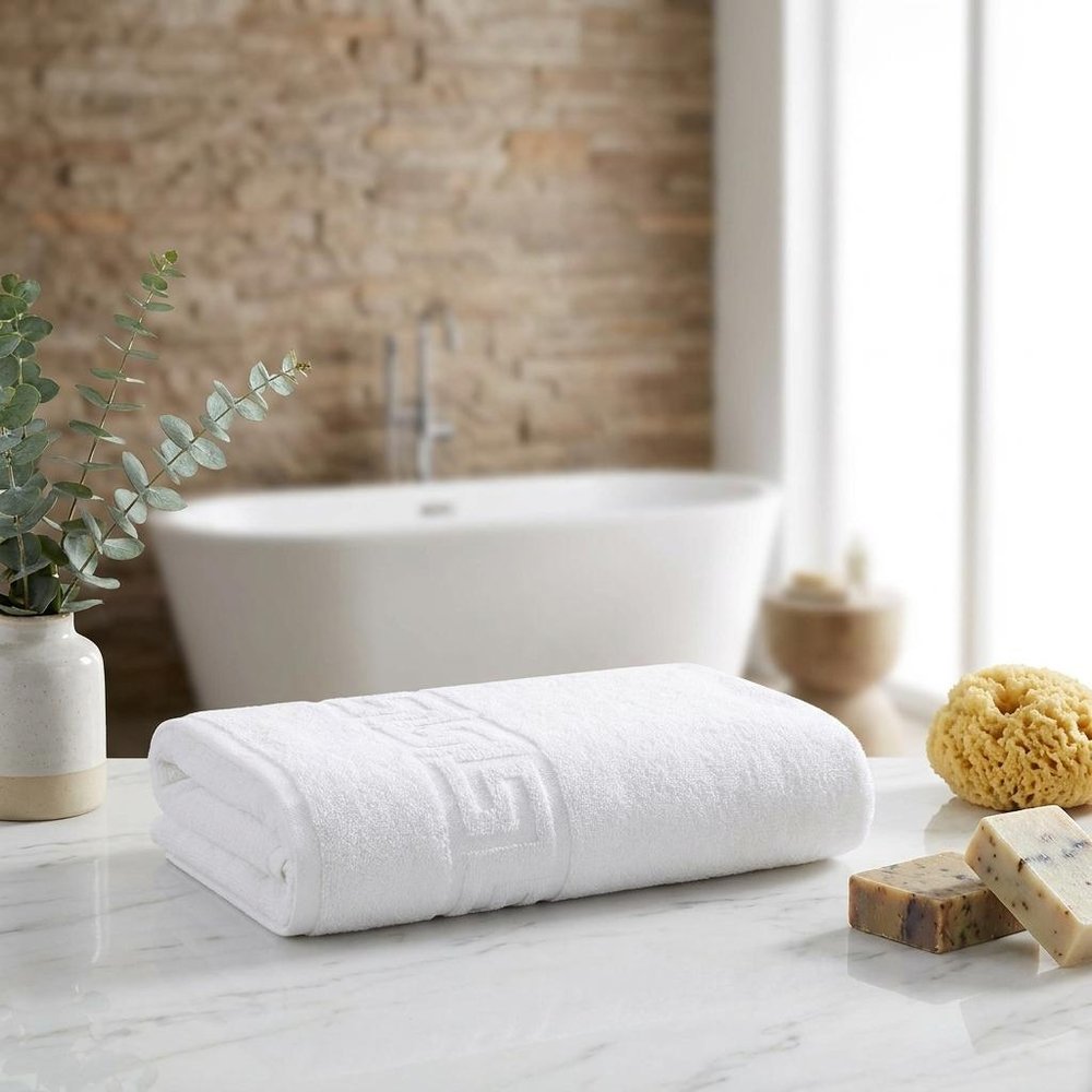 Set of Two White Greek Key Turkish Cotton 40" X 60" Bath Sheet
