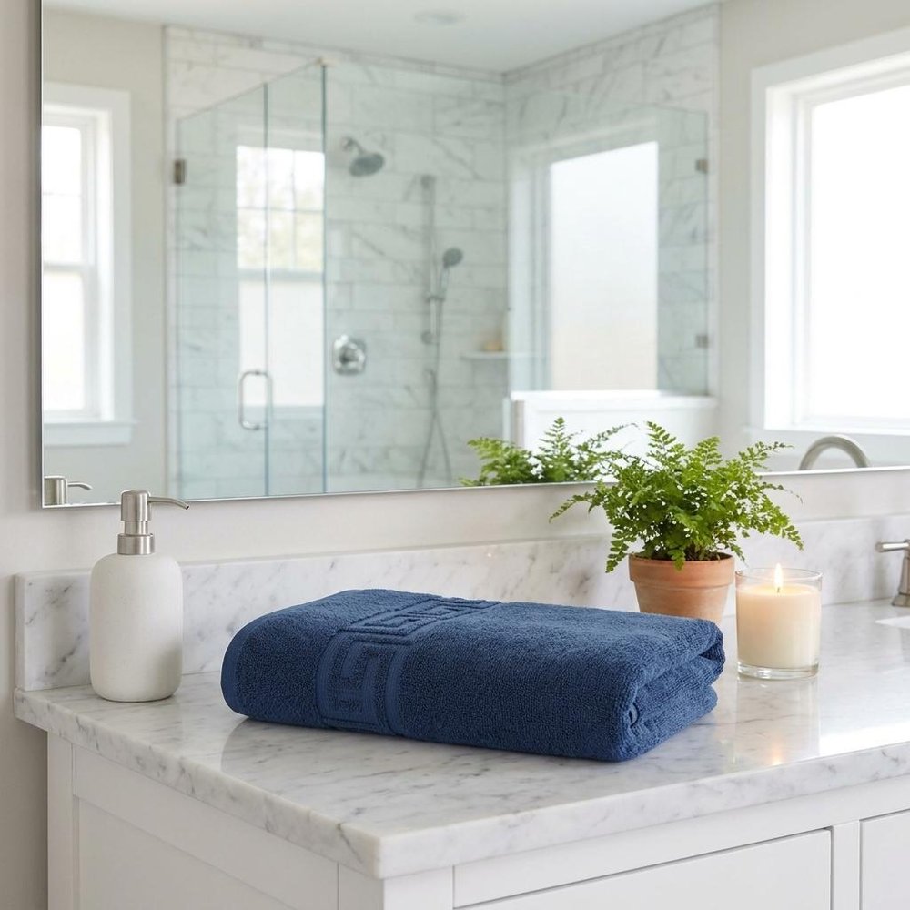 Set of Two White Greek Key Turkish Cotton 40" X 60" Bath Sheet