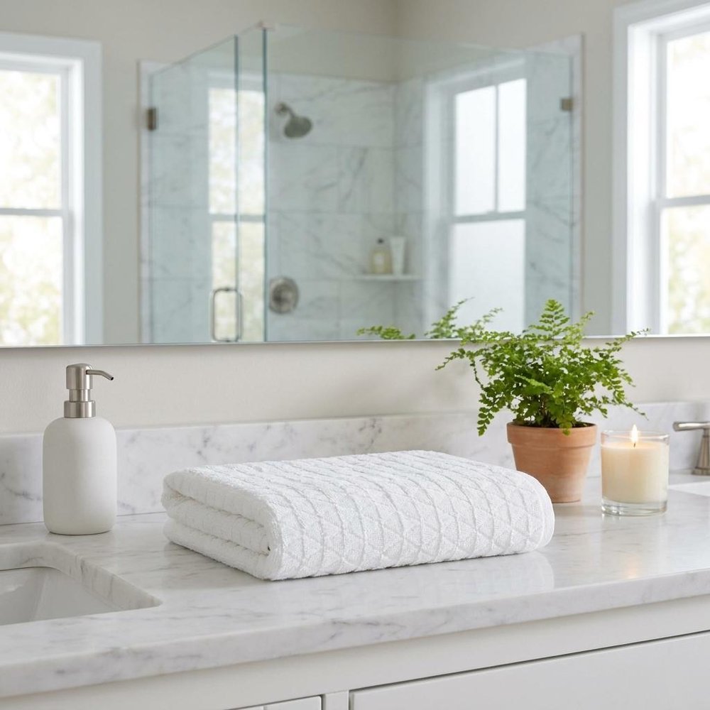 Set of Two White Geometric Turkish Cotton 27" X 54" Bath Towels