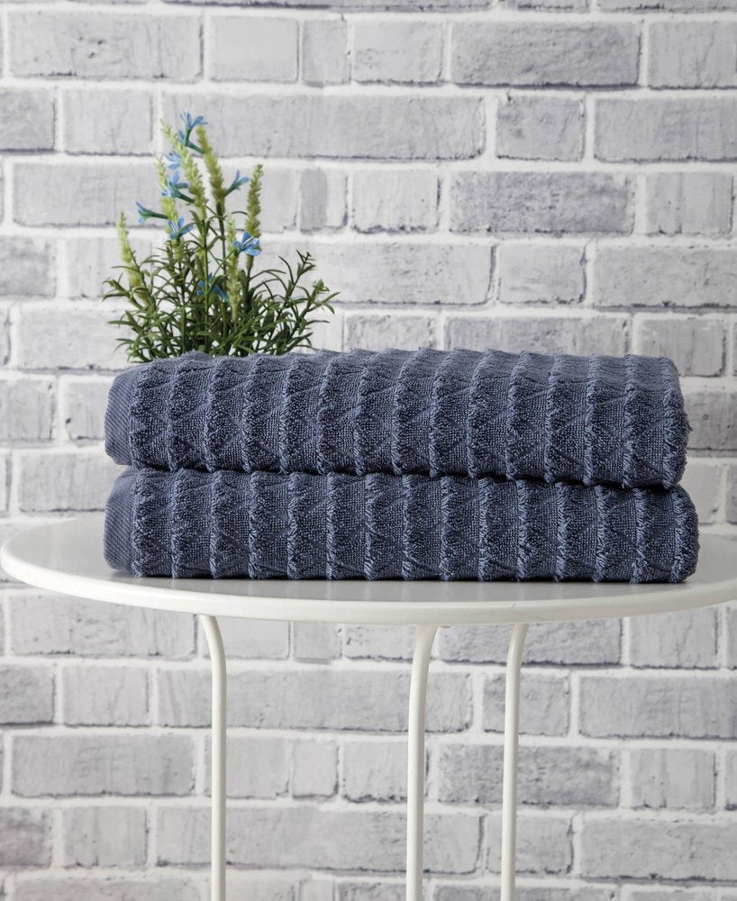 Set of Two White Geometric Turkish Cotton 27" X 54" Bath Towels