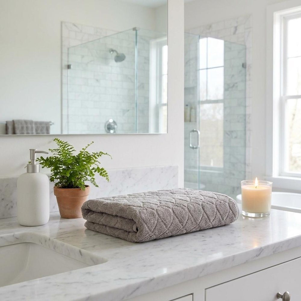 Set of Two White Geometric Turkish Cotton 27" X 54" Bath Towels