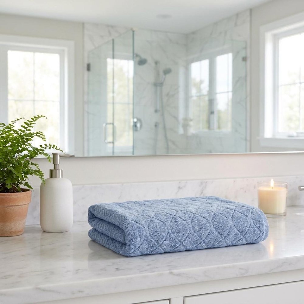 Set of Two White Geometric Turkish Cotton 27" X 54" Bath Towels