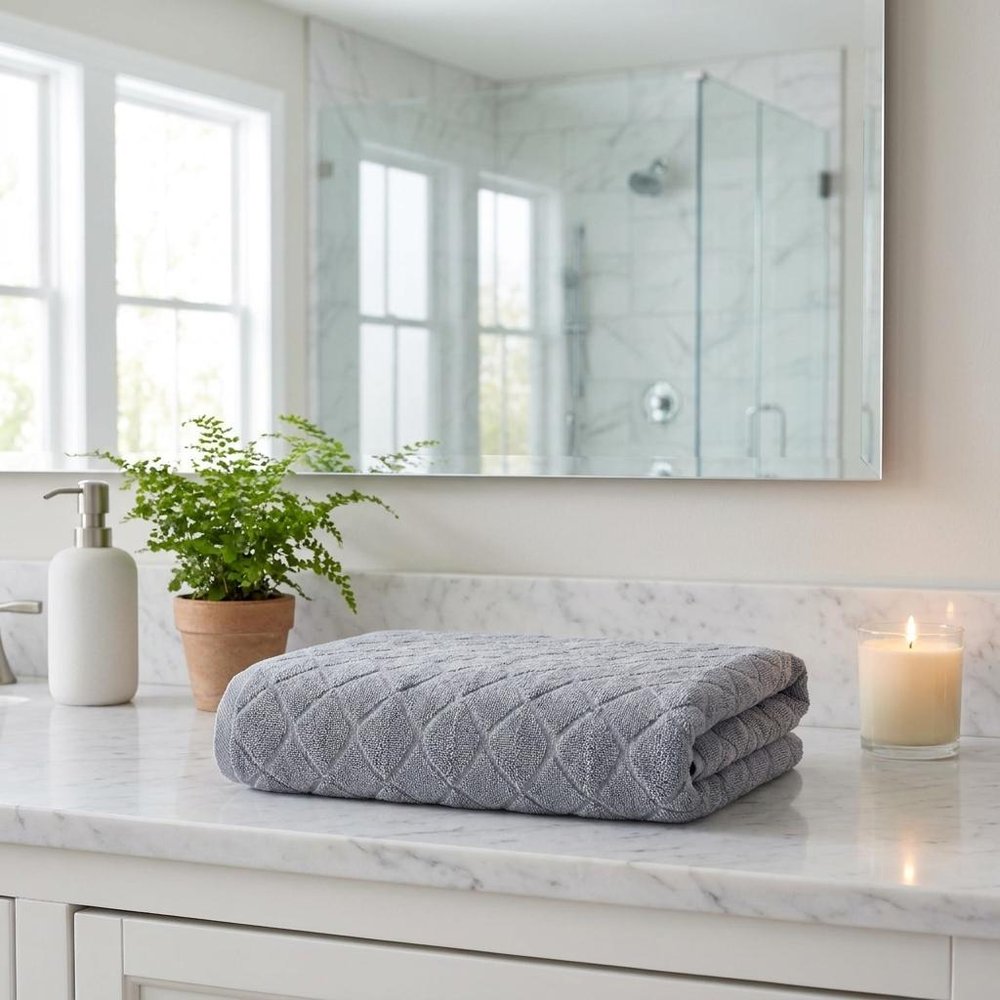 Set of Two White Geometric Turkish Cotton 27" X 54" Bath Towels