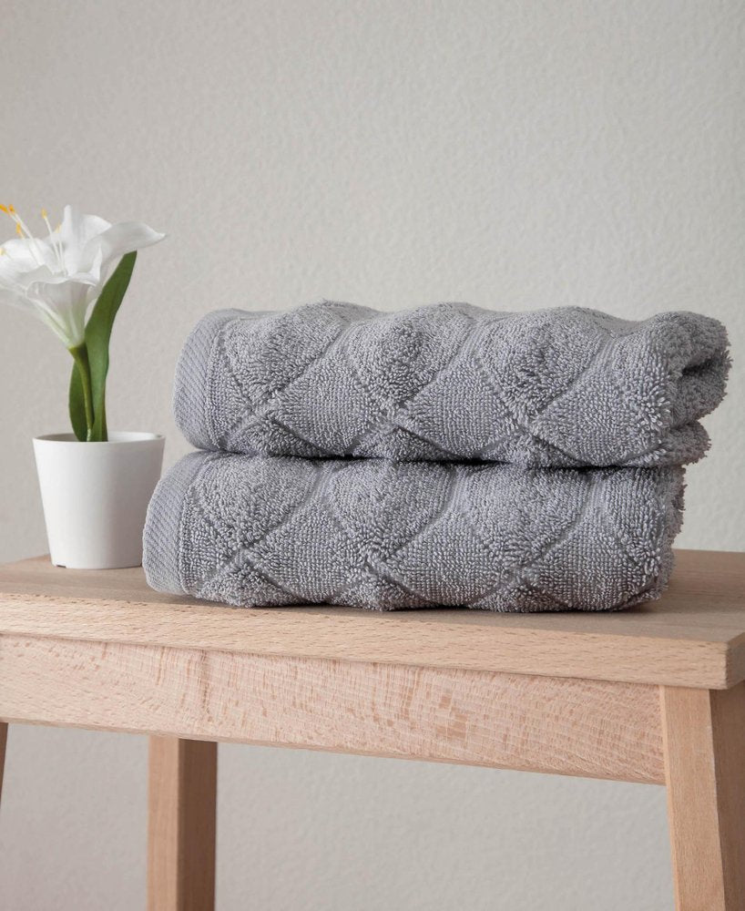 Set of Two White Geometric Turkish Cotton 16" X 30" Hand Towels