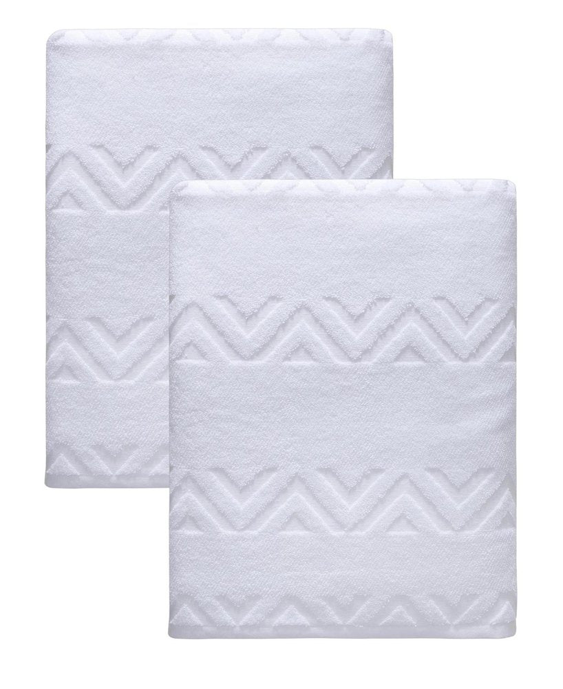 Set of Two White Geometric Turkish Cotton 40" X 70" Bath Sheet
