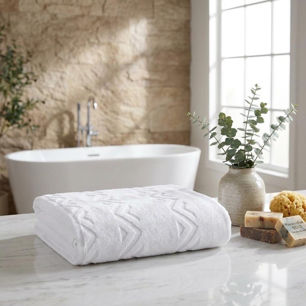 Set of Two White Geometric Turkish Cotton 27" X 54" Bath Towels