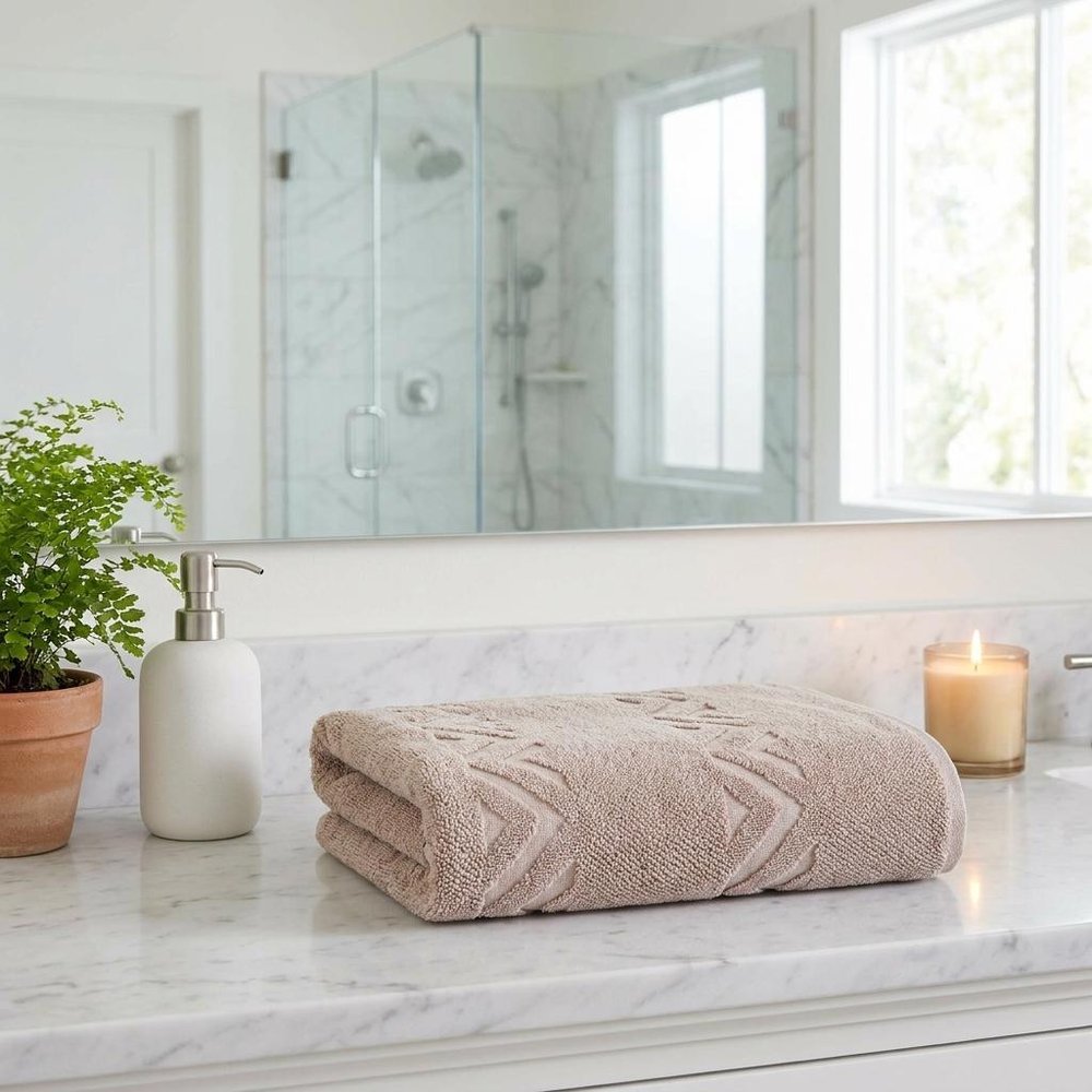 Set of Two White Geometric Turkish Cotton 40" X 70" Bath Sheet