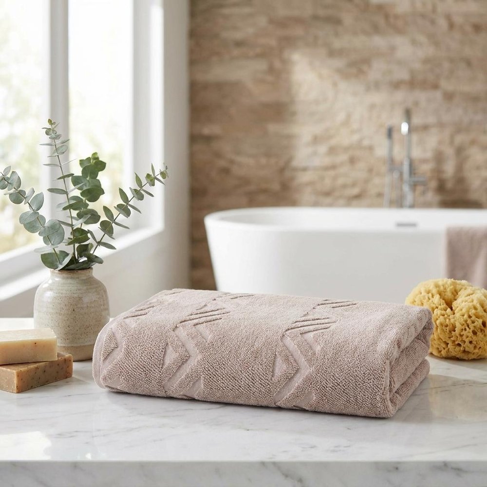 Set of Two White Geometric Turkish Cotton 27" X 54" Bath Towels