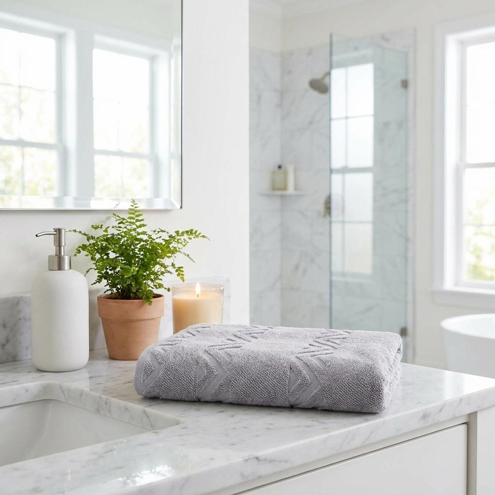 Set of Two White Geometric Turkish Cotton 40" X 70" Bath Sheet