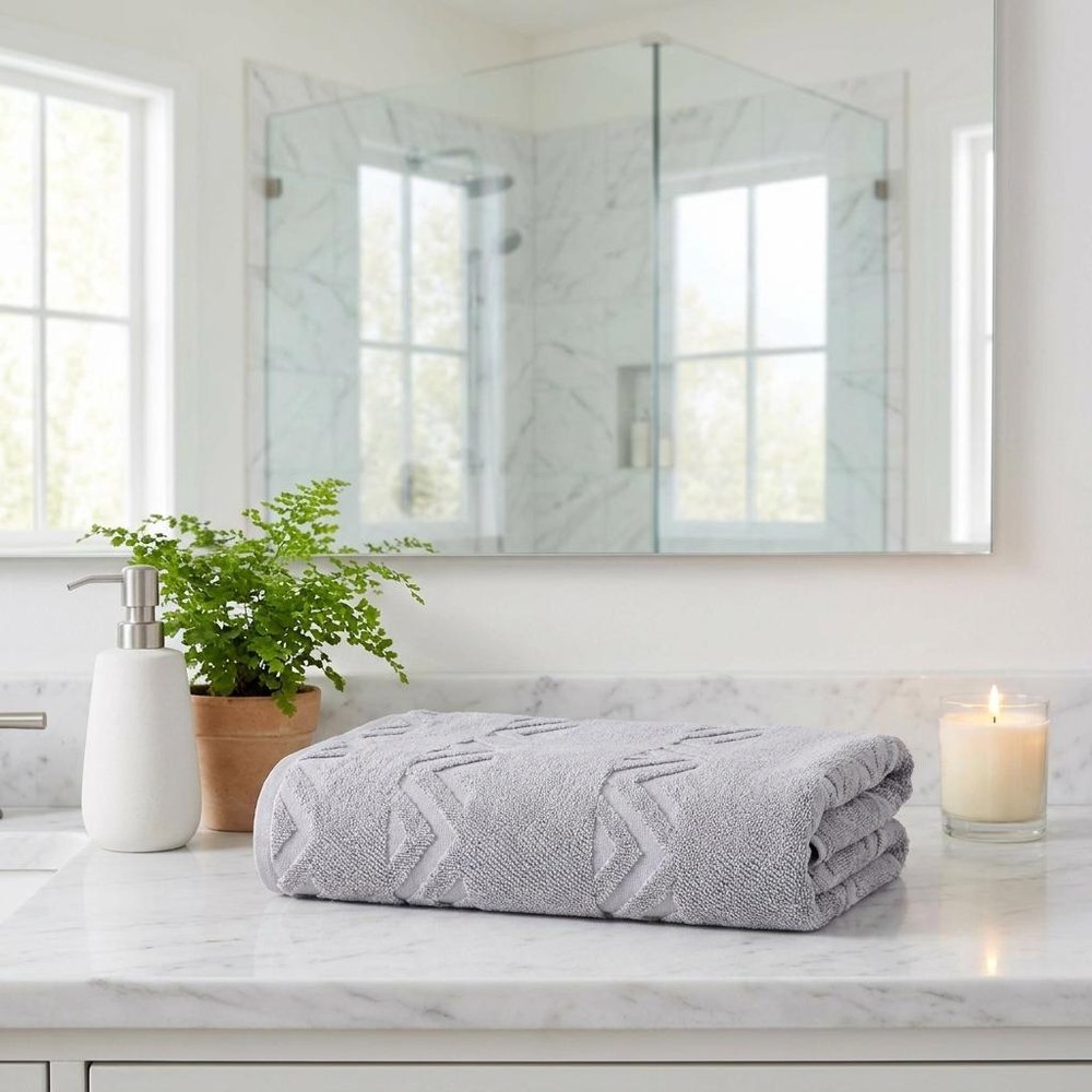 Set of Two White Geometric Turkish Cotton 27" X 54" Bath Towels