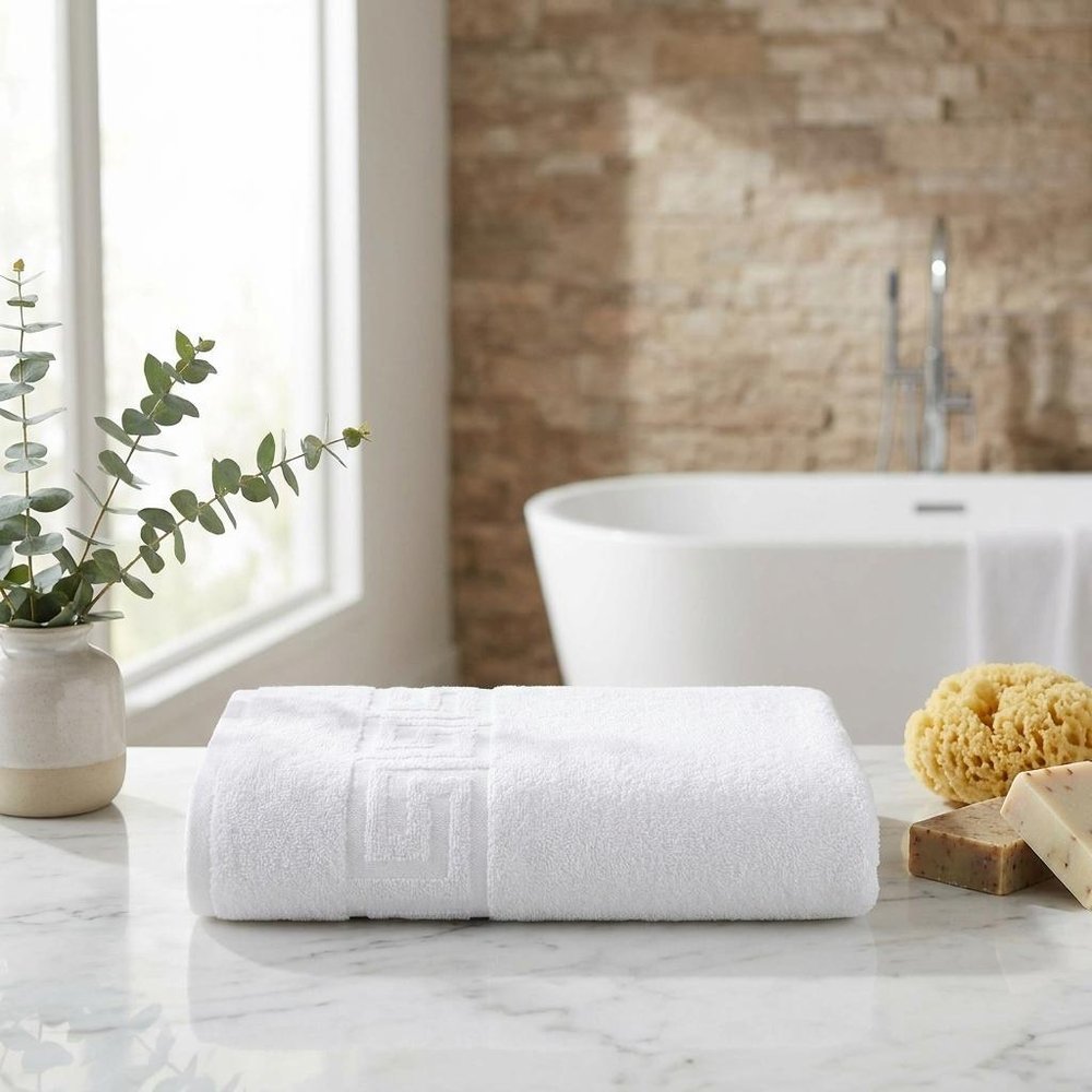 Set of Three White Greek Key Turkish Cotton 40" X 60" Bath Sheet