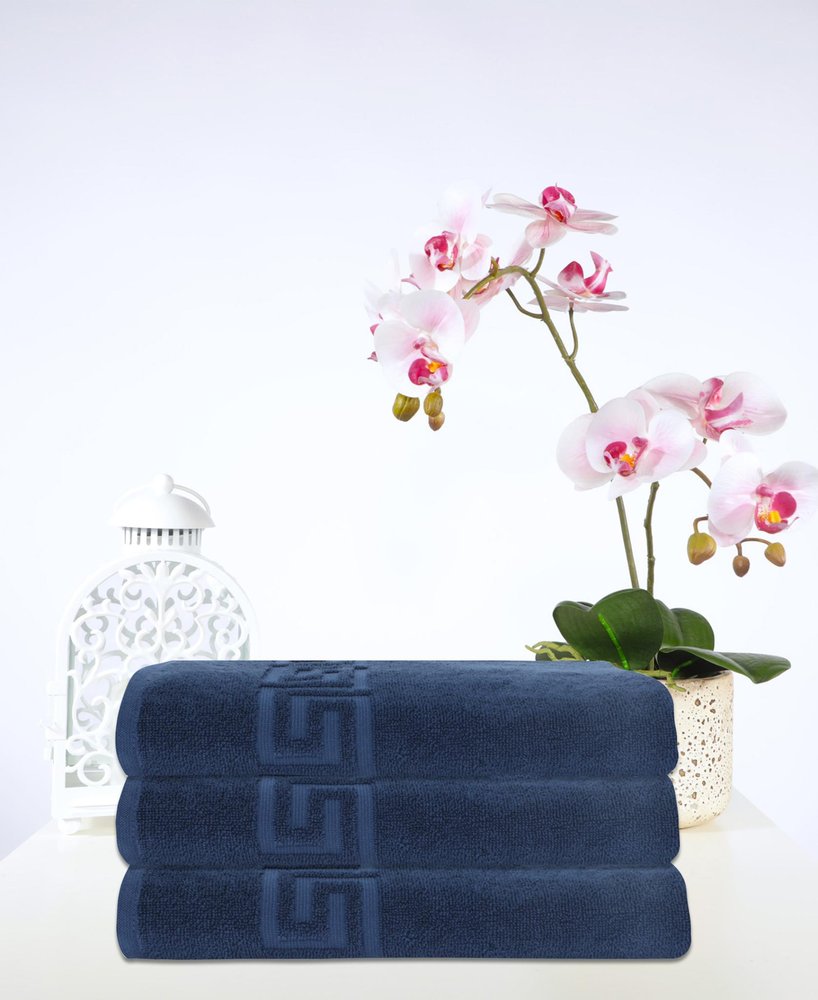 Set of Three White Greek Key Turkish Cotton 40" X 60" Bath Sheet