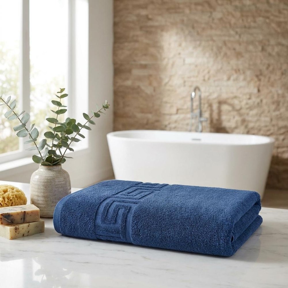 Set of Three White Greek Key Turkish Cotton 40" X 60" Bath Sheet