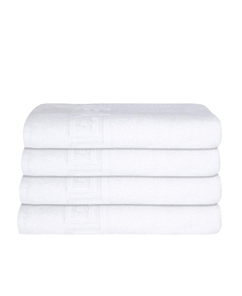 Set of Four White Greek Key Turkish Cotton 40" X 60" Bath Sheet