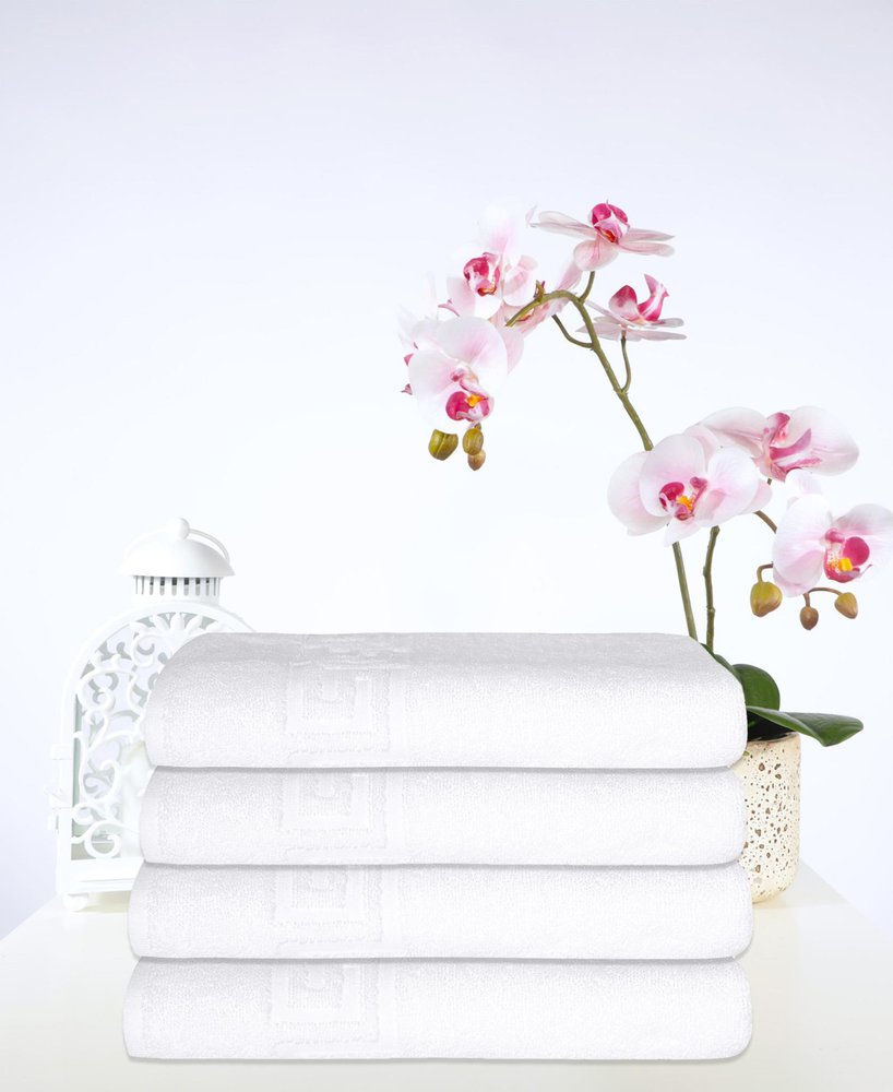 Set of Four White Greek Key Turkish Cotton 40" X 60" Bath Sheet