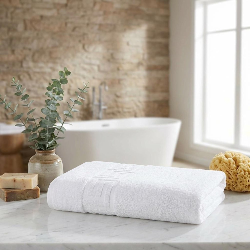 Set of Four White Greek Key Turkish Cotton 40" X 60" Bath Sheet