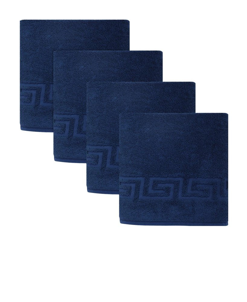 Set of Four White Greek Key Turkish Cotton 40" X 60" Bath Sheet