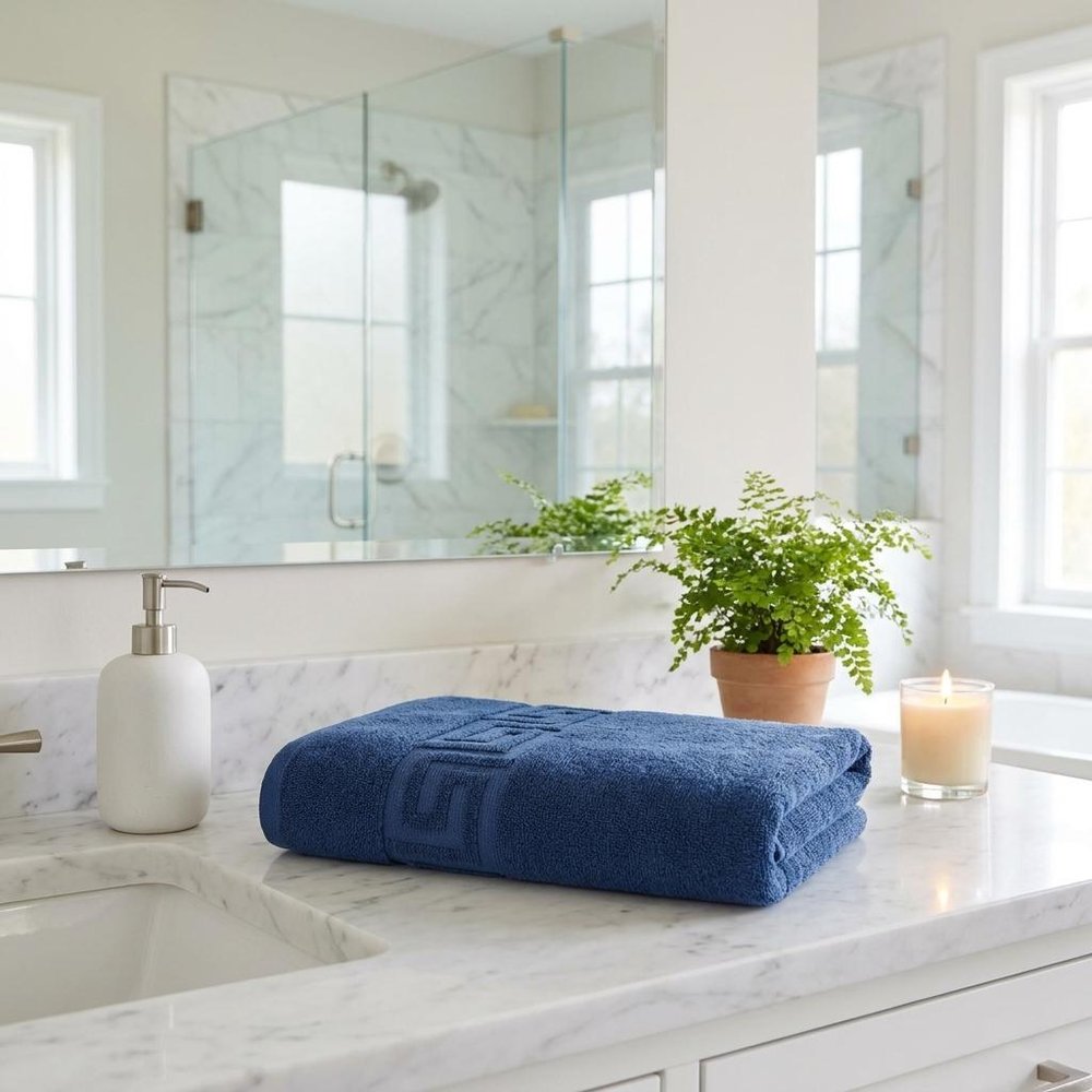 Set of Four White Greek Key Turkish Cotton 40" X 60" Bath Sheet