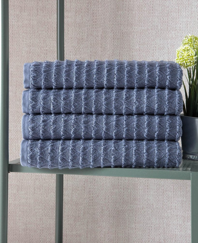Set of Four White Geometric Turkish Cotton 27" X 54" Bath Towels