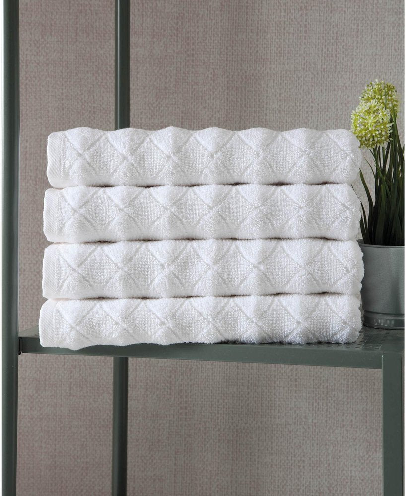 Set of Four White Geometric Turkish Cotton 27" X 54" Bath Towels