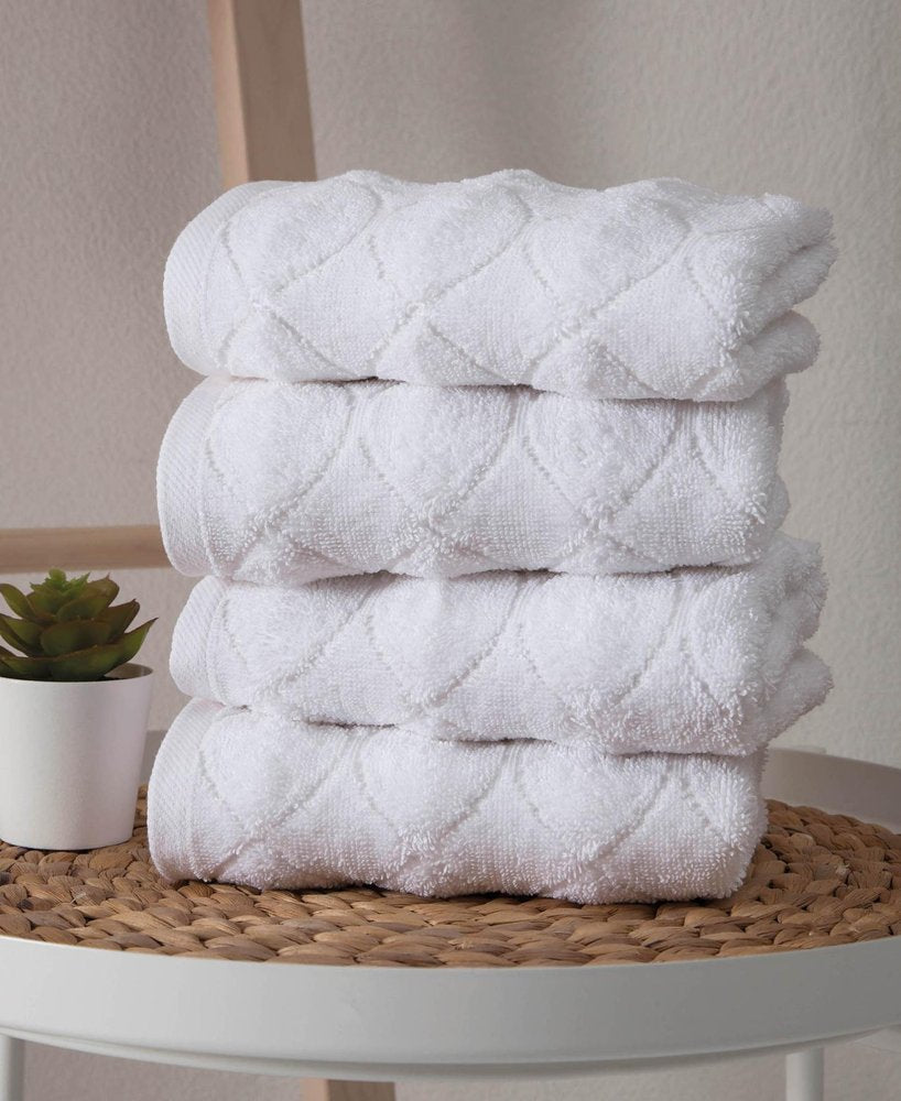 Set of Four White Geometric Turkish Cotton 16" X 30" Hand Towels