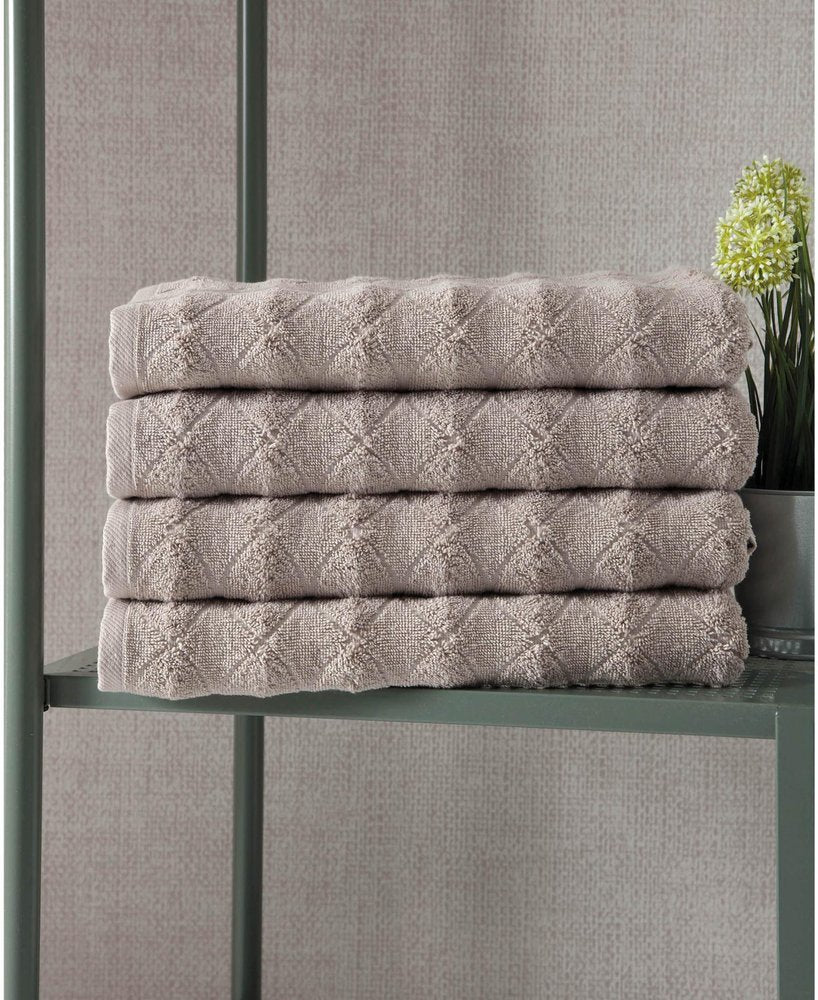 Set of Four White Geometric Turkish Cotton 27" X 54" Bath Towels