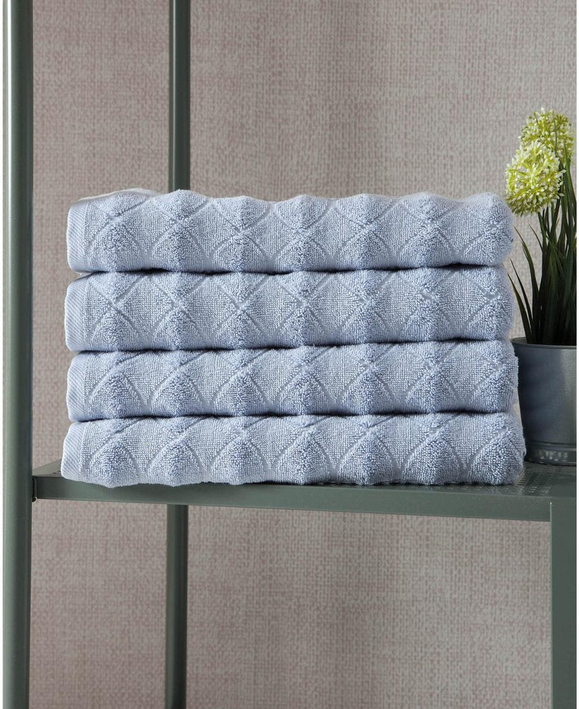 Set of Four White Geometric Turkish Cotton 27" X 54" Bath Towels