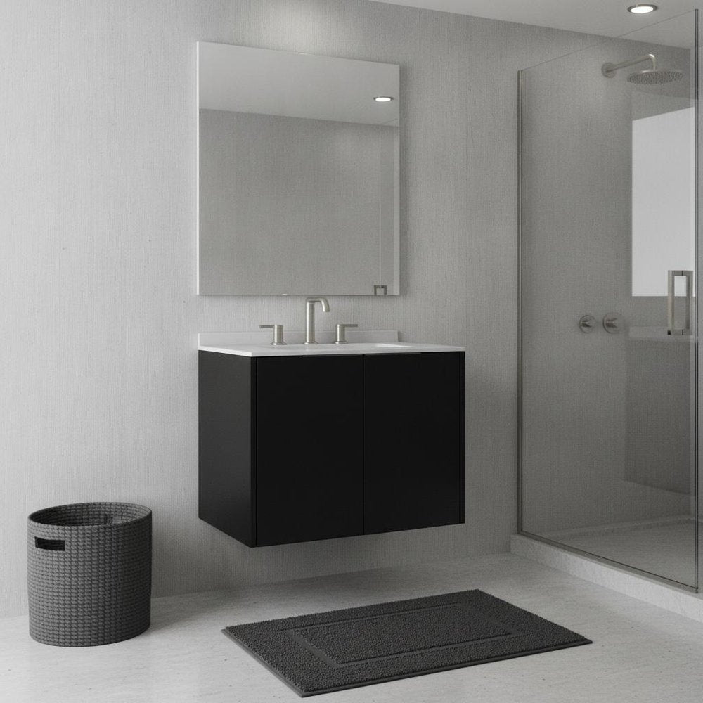 24" Black Wood Floating Double Door Bathroom Vanity With White Sink