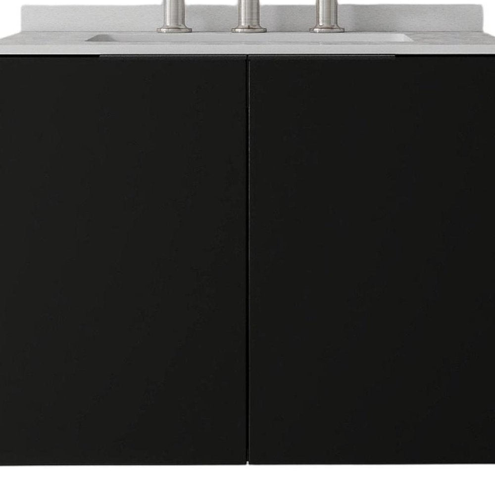 24" Black Wood Floating Double Door Bathroom Vanity With White Sink