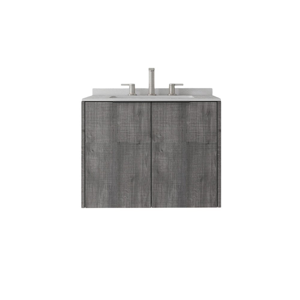 24" Gray Wood Floating Double Door Bathroom Vanity With White Sink