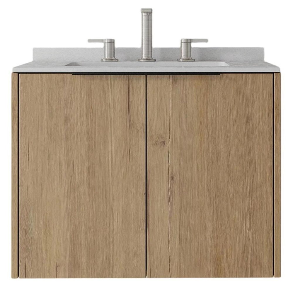 24" Brown Wood Floating Double Door Bathroom Vanity With White Sink