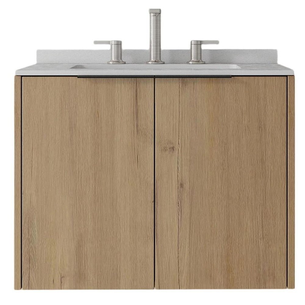 24" Brown Wood Floating Double Door Bathroom Vanity With White Sink