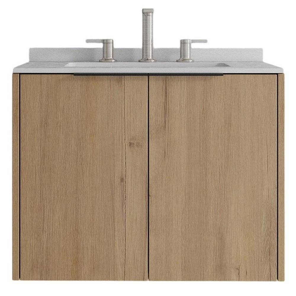 24" Brown Wood Floating Double Door Bathroom Vanity With White Sink