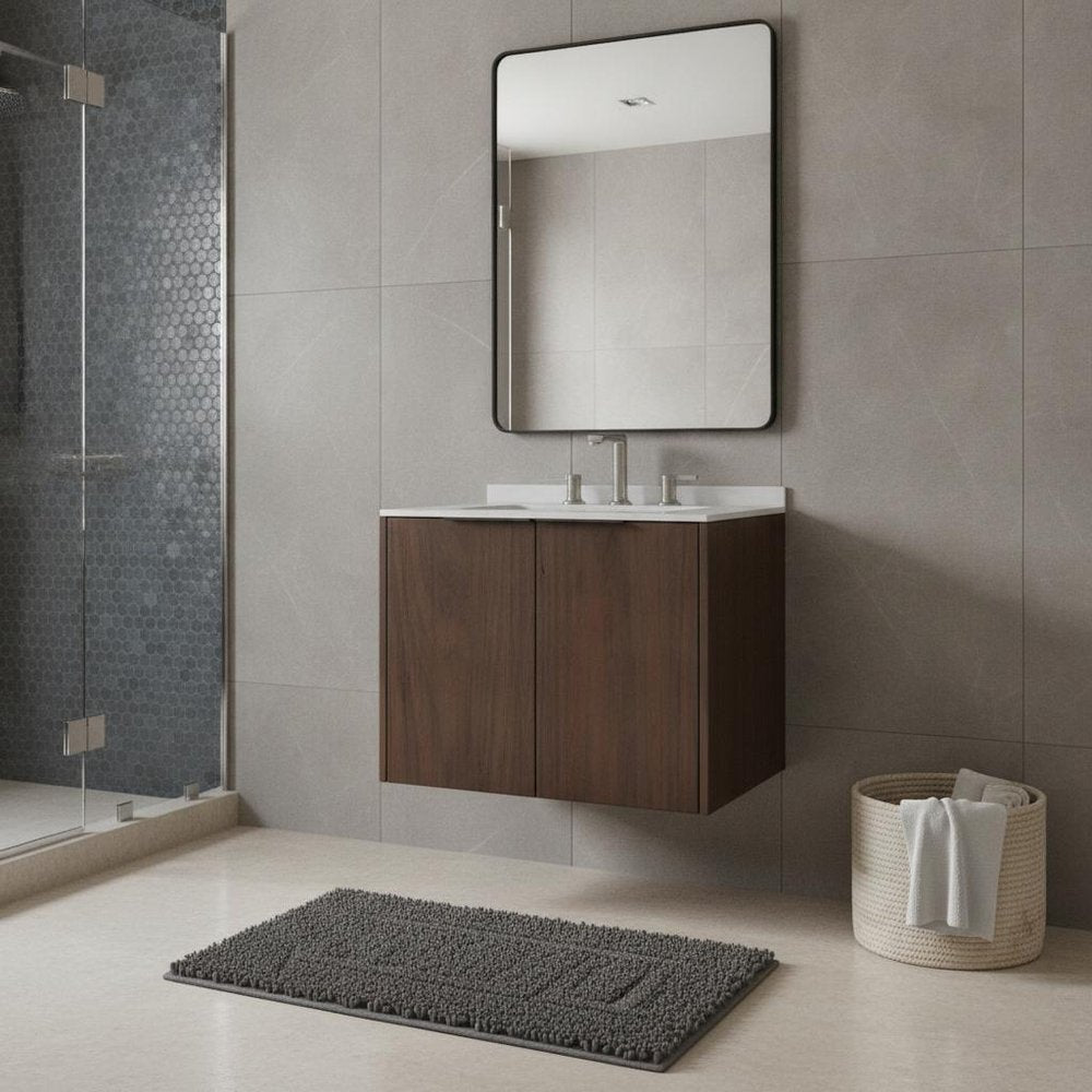 24" Brown Wood Floating Double Door Bathroom Vanity With White Sink