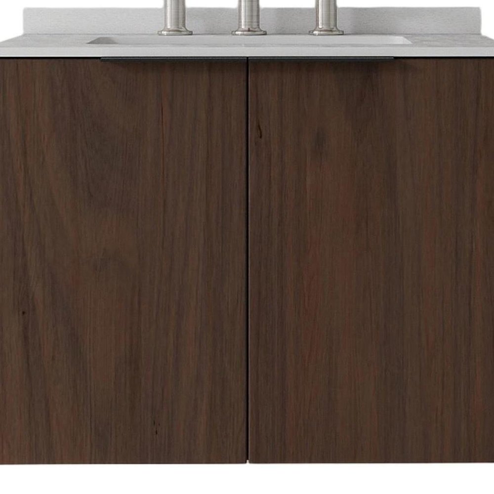 24" Brown Wood Floating Double Door Bathroom Vanity With White Sink