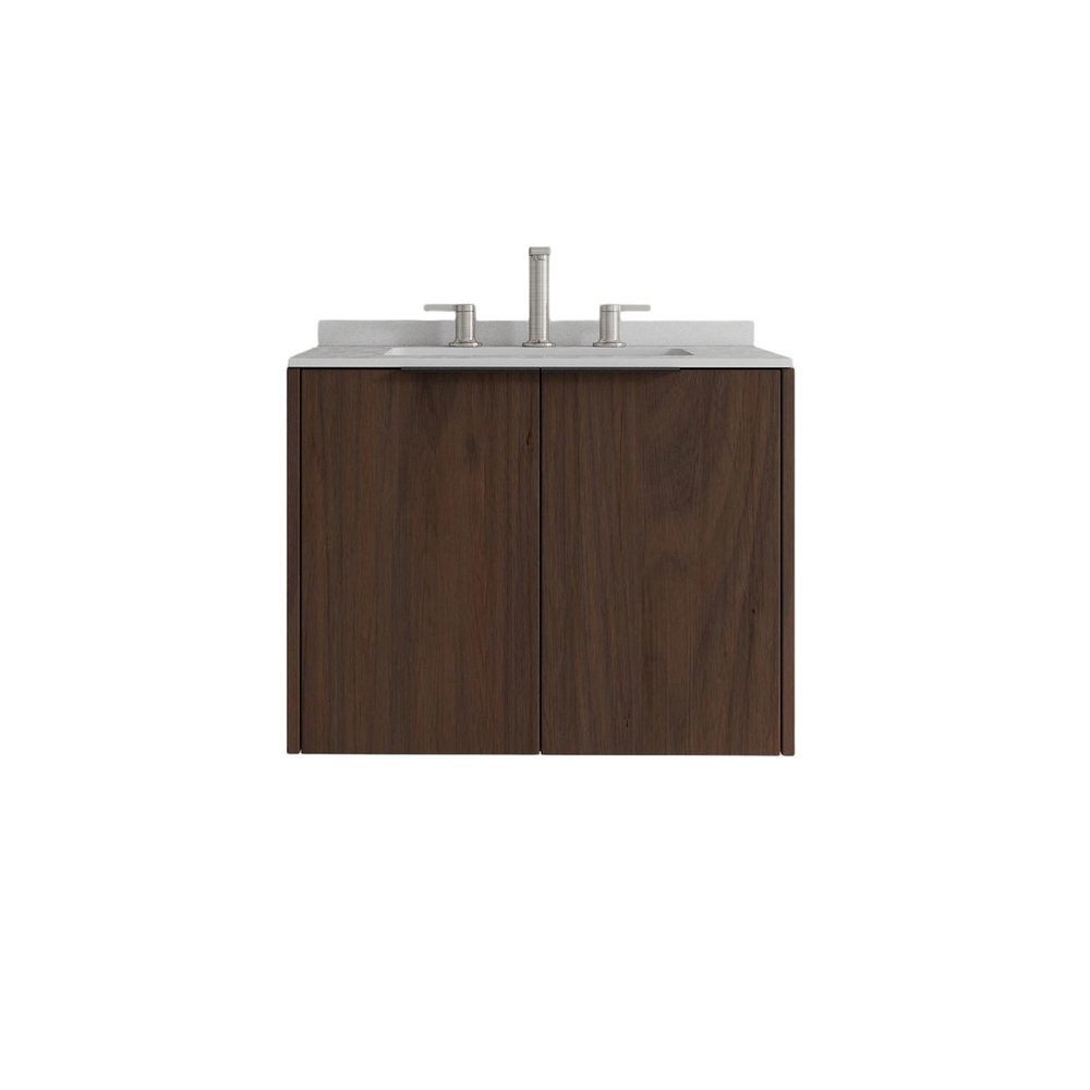 24" Brown Wood Floating Double Door Bathroom Vanity With White Sink