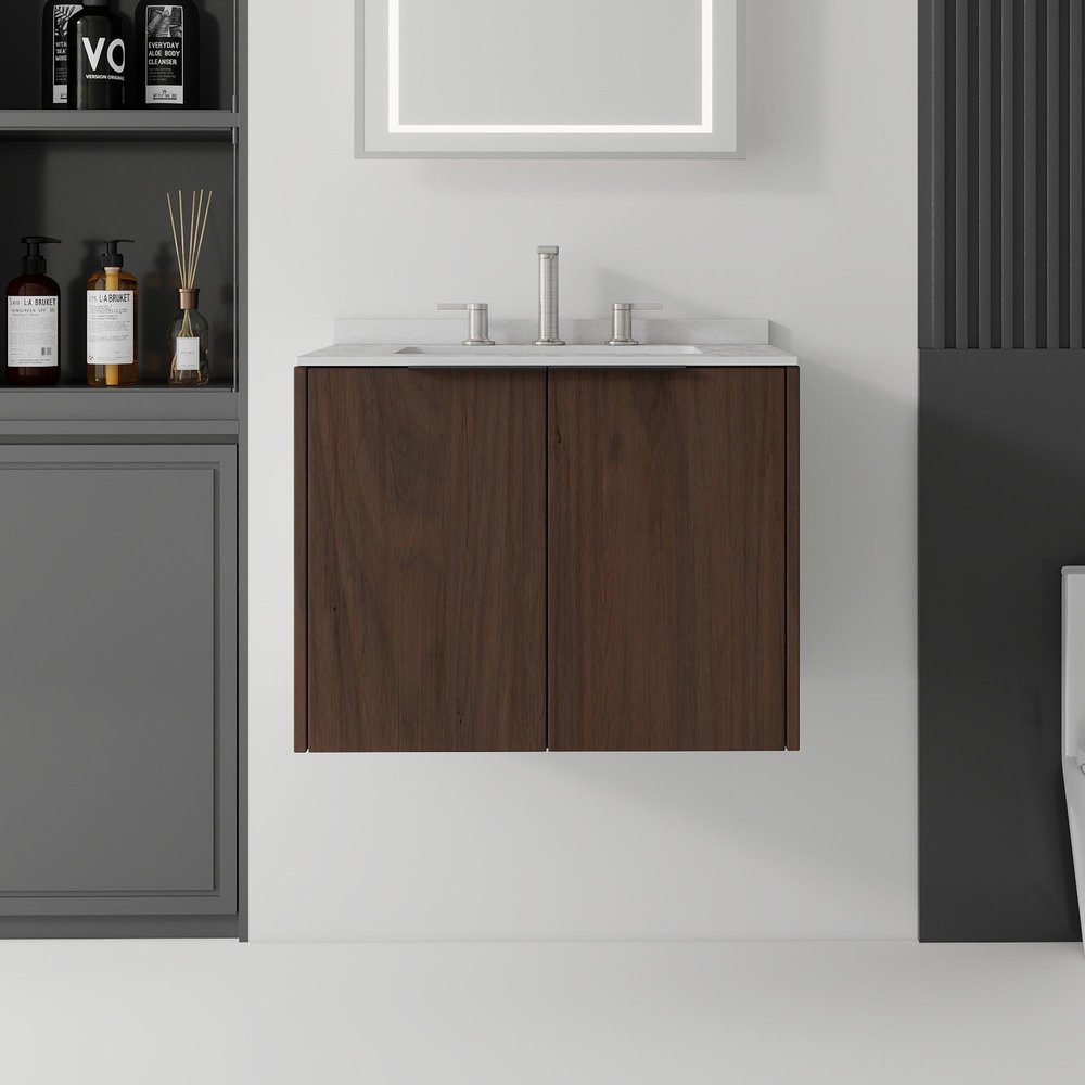 24" Brown Wood Floating Double Door Bathroom Vanity With White Sink