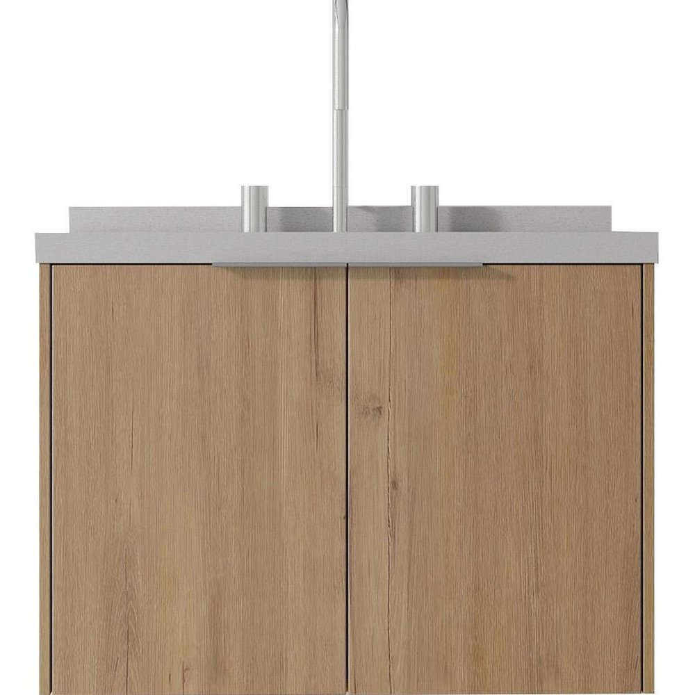 24" Brown Wood Floating Double Door Bathroom Vanity With White Sink