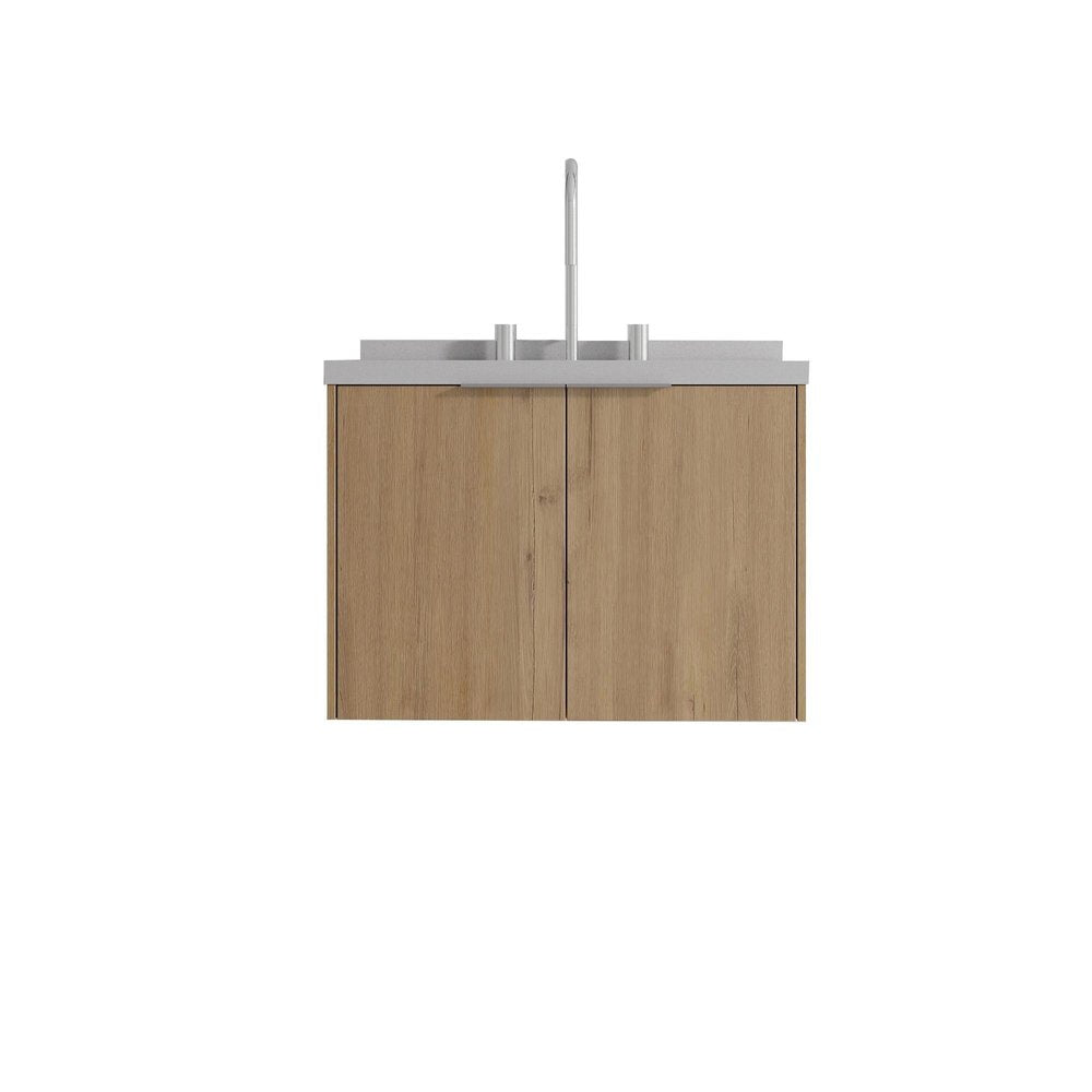 24" Brown Wood Floating Double Door Bathroom Vanity With White Sink
